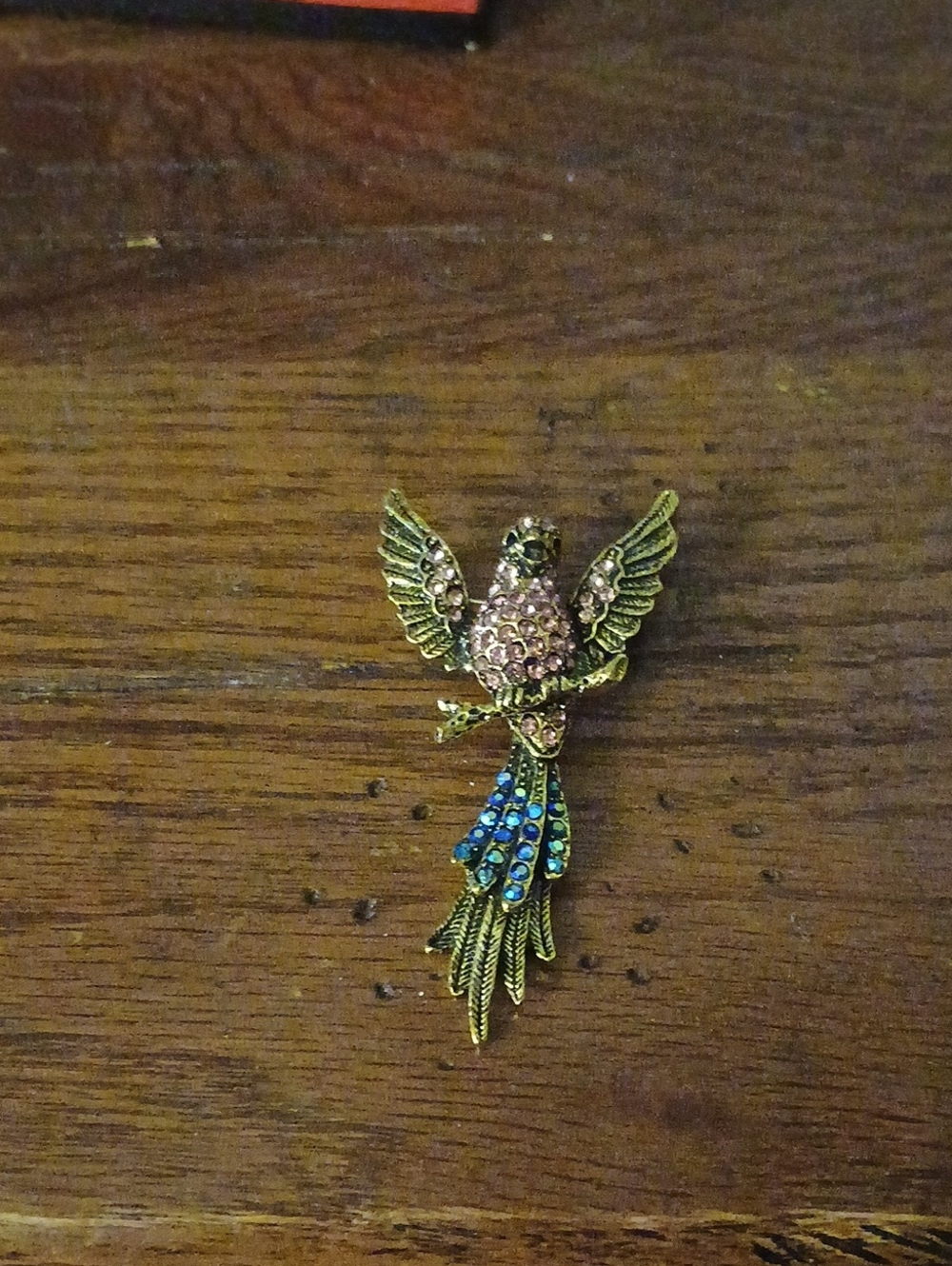 Gold-tone Parrot Brooch with Pink and Blue Rhinestones